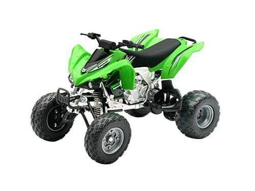 Black and silver ATV-style 4-wheel vehicle with metallic green fenders. Black and silver ATV-style 4-wheel vehicle with metallic green fenders.