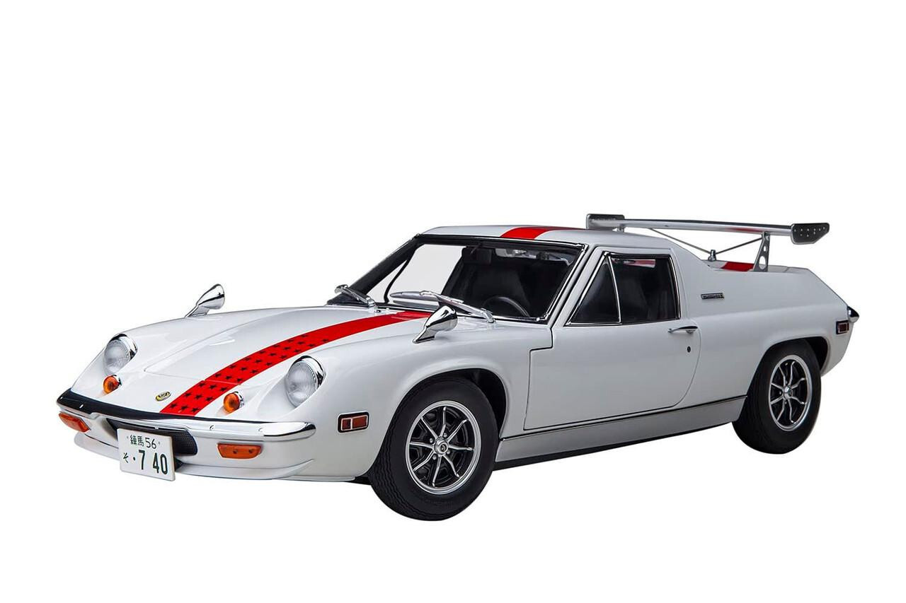 A classic, 1970s-style racing car in white with a red stripe down the hood